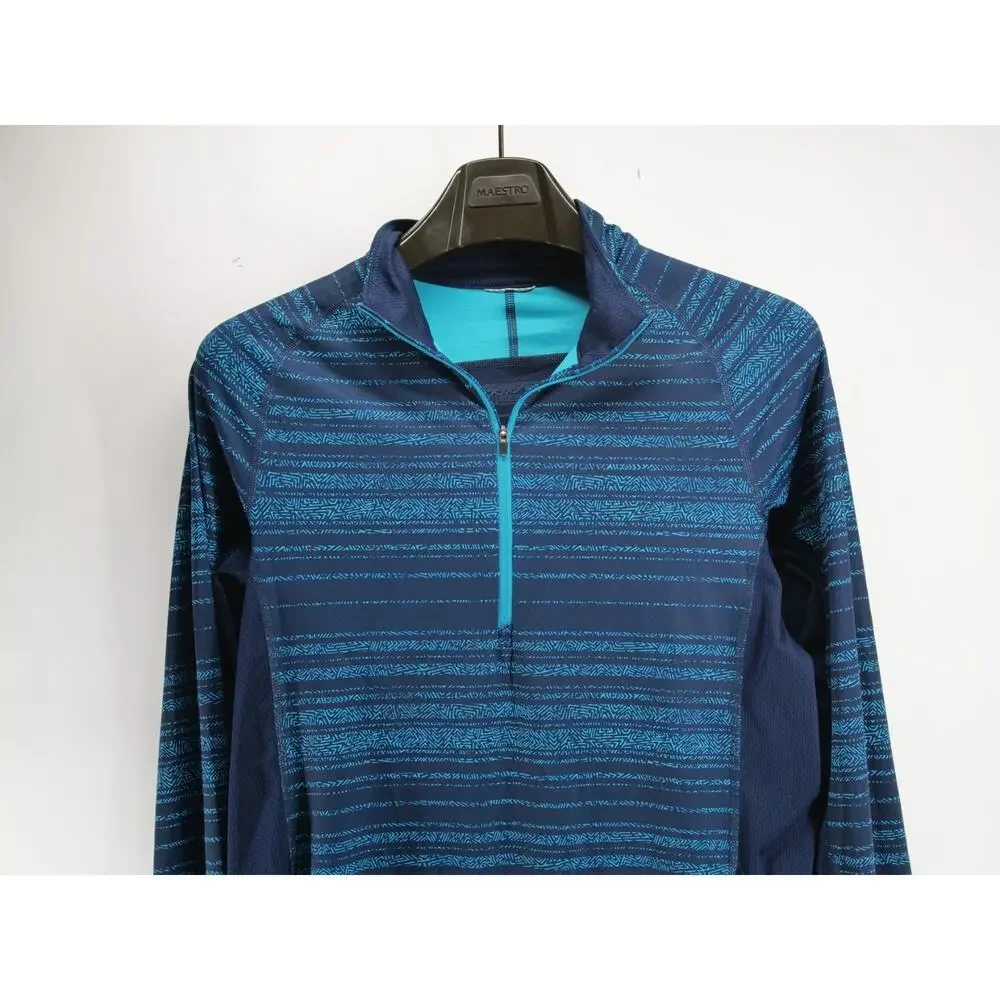 Patagonia Capilene Performance 1/4 Zip Mens L Navy Blue Teal Geometric Striped